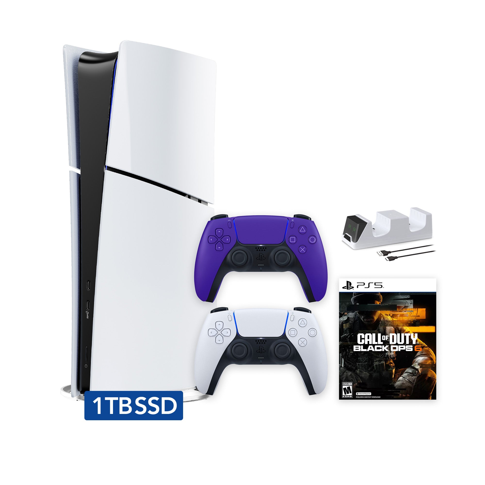 PlayStation 5 Slim Digital 1TB SSD Call of Duty Black Ops 6 Console with Two Controllers, White and Galactic Purple DualSense and Dual Controller Charger - PS5 Slim Digital Console PlayStation 5 Slim Digital 1TB SSD Call of Duty Black Ops 6 Console with Two Controllers, White and Galactic Purple DualSense and Dual Controller Charger - PS5 Slim Digital Console